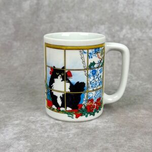 Otagiri Cindy Sugawara Tuxedo Cat Hummingbird Coffee Mug Japan Vintage White